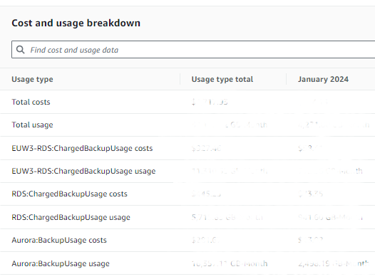 RDS backup cost breakdown in AWS Cost Explorer